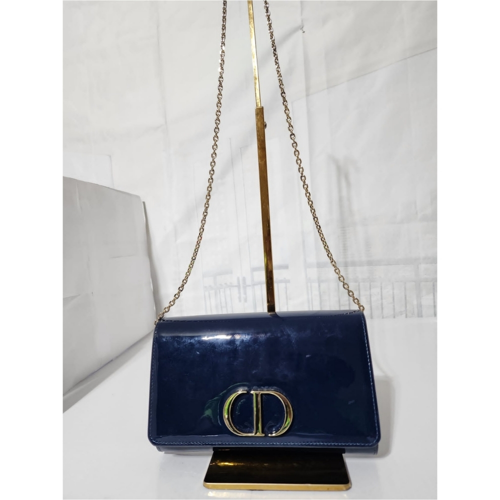 CHRISTIAN DIOR Patent Montaigne Crossbody Bag Blue